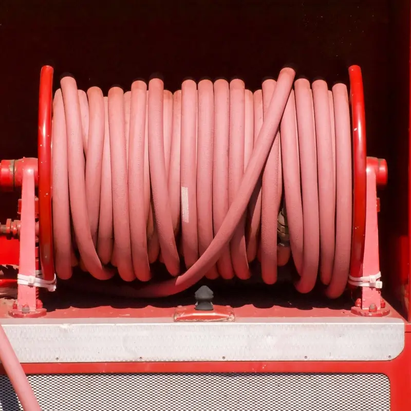 Pink fire hoses neatly coiled around a red hose reel on a fire truck or equipment rack, ready for use.