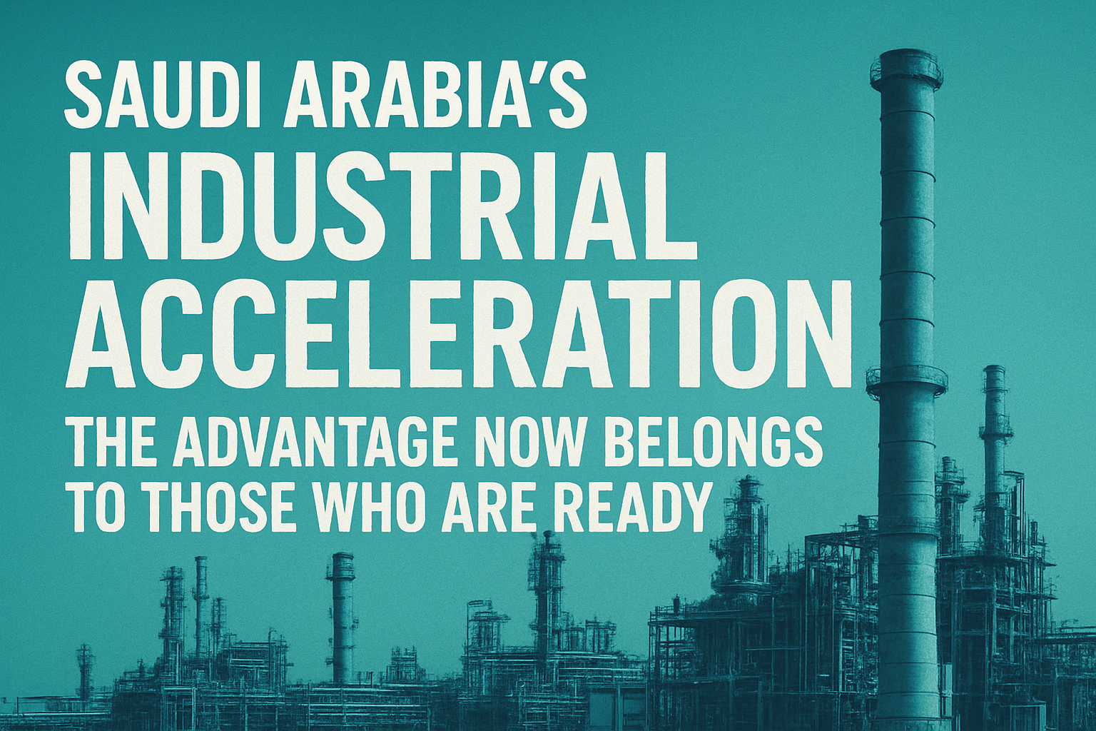 Poster-style image with bold white text reading 'Saudi Arabia's Industrial Acceleration' over a teal industrial skyline.